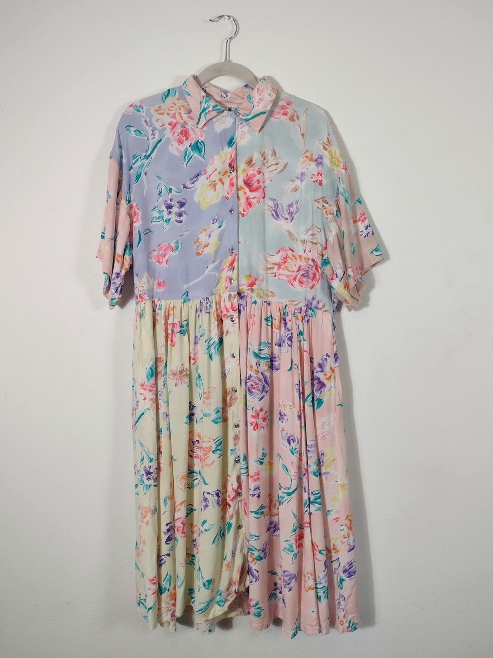 Vintage Together! Pastel Colorblock Floral Print Button Down Midi Dress Large